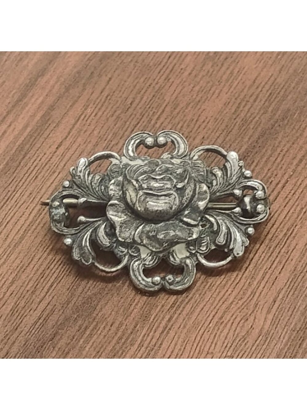 Vintage Art Nouveau Silver Tone Floral Rose Repousse Brooch Ornate Swirl Setting - Picture 1 of 4